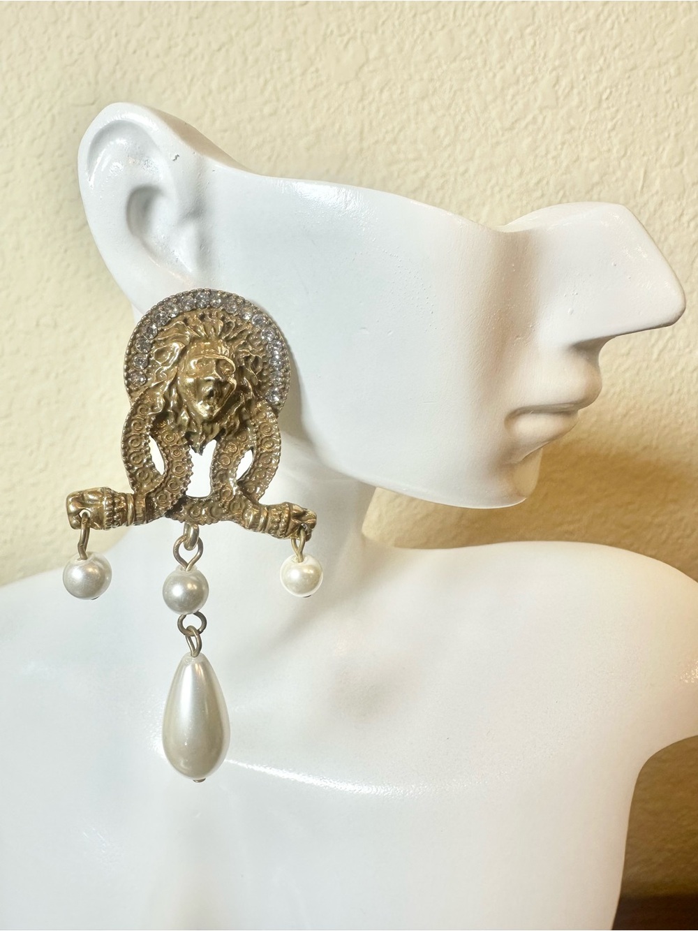 Gold Face Motif w/Pearl Drop Statement Earrings